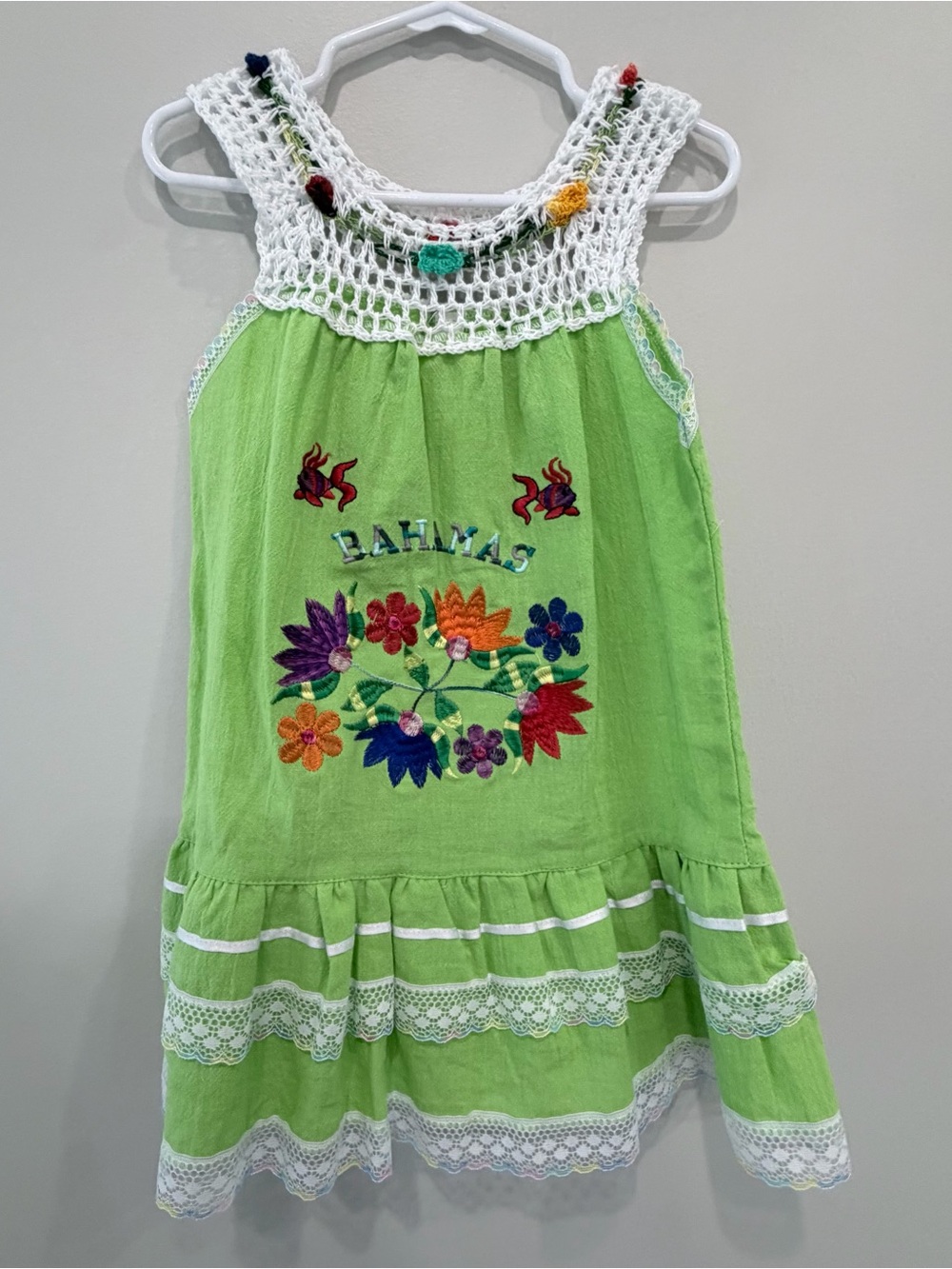 Bahamas Embroidered Crochet Yoke Girls' Sundress - Lime Green
